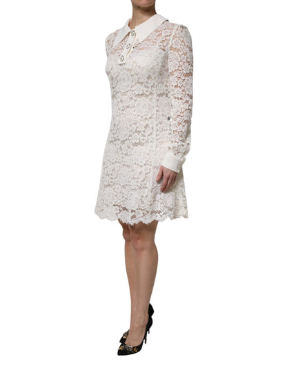 Dolce & Gabbana White Floral Lace Long Sleeves A-line Dress with Minor Defect
