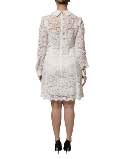 Dolce & Gabbana White Floral Lace Long Sleeves A-line Dress with Minor Defect