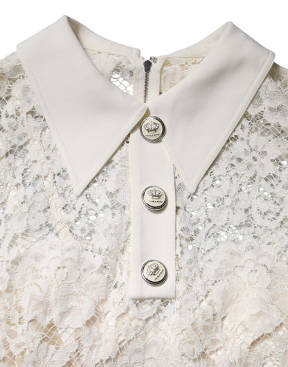 Dolce & Gabbana White Floral Lace Long Sleeves A-line Dress with Minor Defect