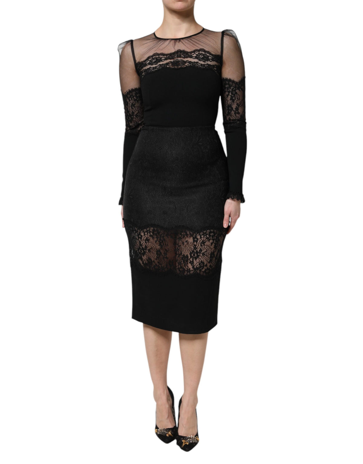 Dolce & Gabbana Black Lace Trim Nylon Tulle Sheath Midi Dress