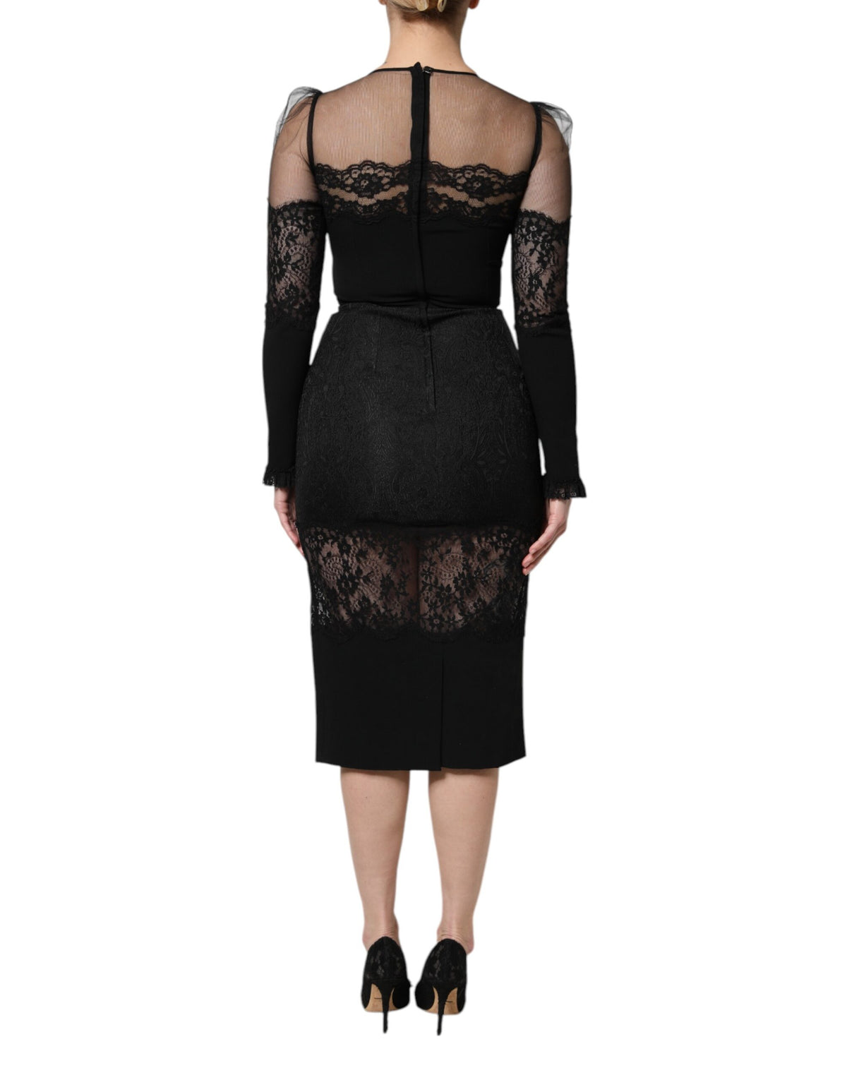 Dolce & Gabbana Black Lace Trim Nylon Tulle Sheath Midi Dress