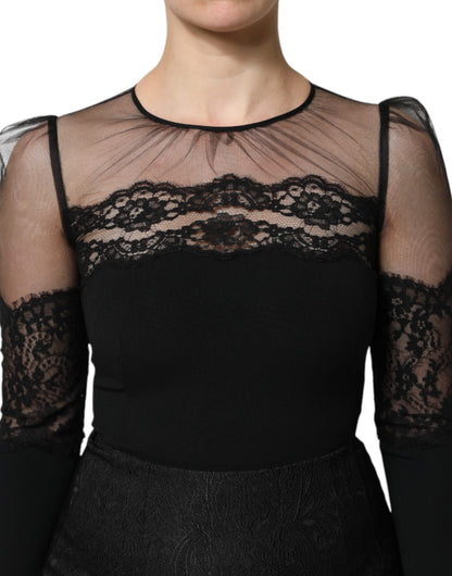 Dolce & Gabbana Black Lace Trim Nylon Tulle Sheath Midi Dress