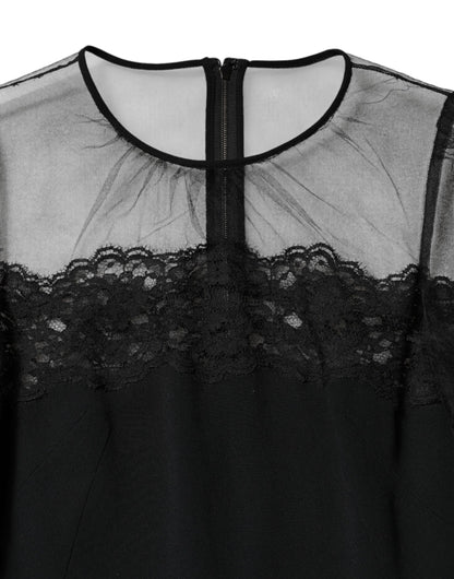 Dolce & Gabbana Black Lace Trim Nylon Tulle Sheath Midi Dress