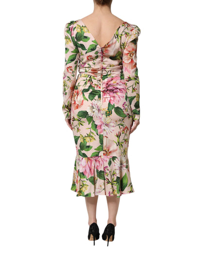 Dolce & Gabbana Pink Floral Silk Fit And Flared Midi Dress