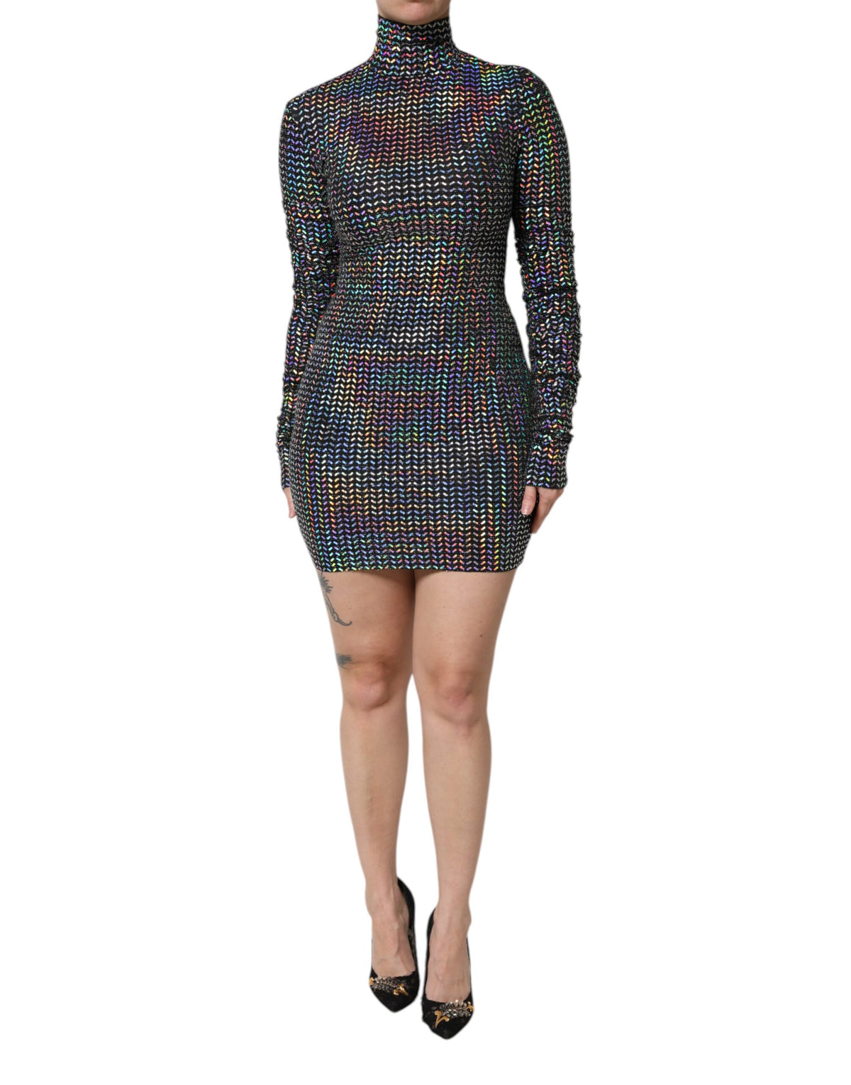 Dolce & Gabbana Black Embellished Nylon Bodycon Mini Dress