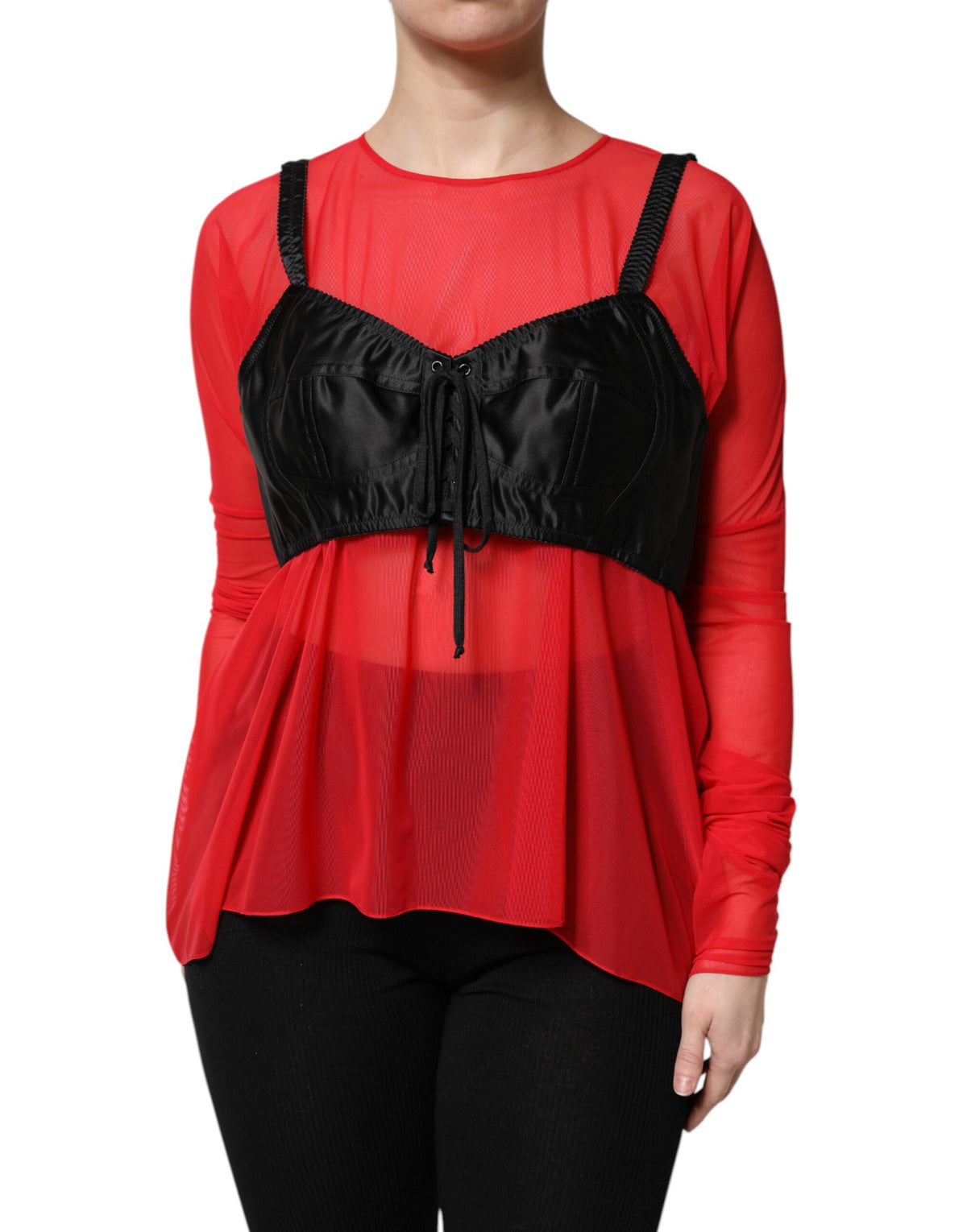 Dolce & Gabbana Red & Black Bustier Detail Long Sleeves Top