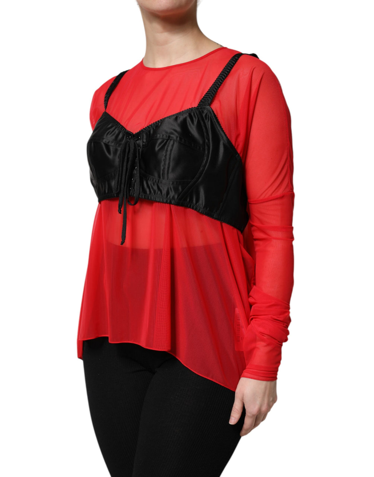 Dolce & Gabbana Red & Black Bustier Detail Long Sleeves Top