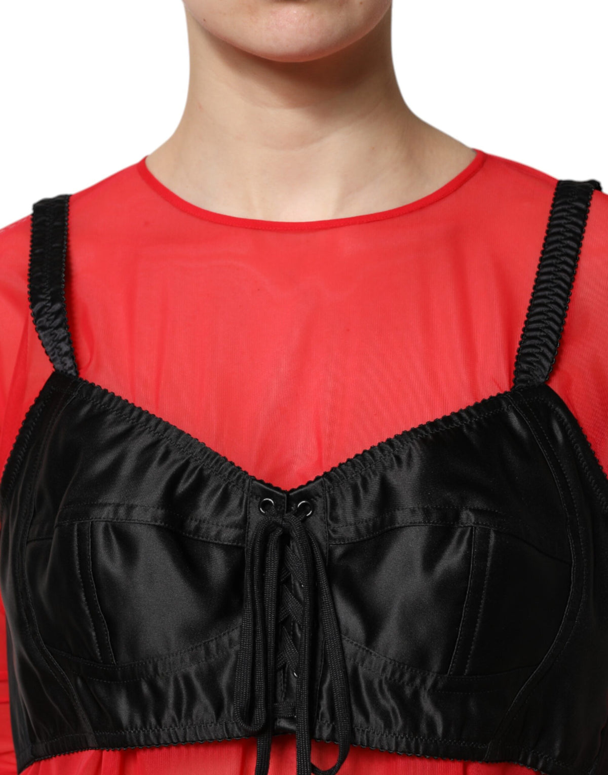 Dolce & Gabbana Red & Black Bustier Detail Long Sleeves Top