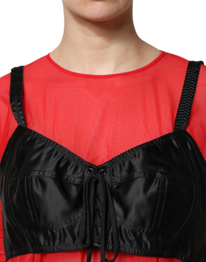 Dolce & Gabbana Red & Black Bustier Detail Long Sleeves Top