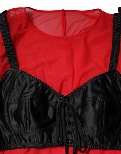 Dolce & Gabbana Red & Black Bustier Detail Long Sleeves Top