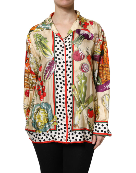 Dolce & Gabbana Silk Multicolour Vegetables Print Long Sleeves Top