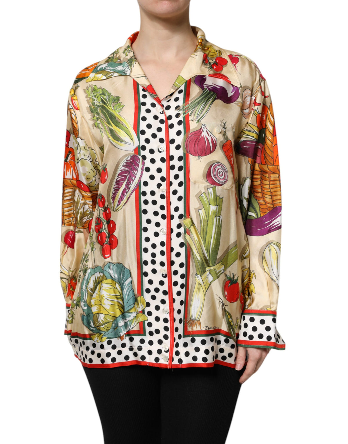 Dolce & Gabbana Silk Multicolour Vegetables Print Long Sleeves Top