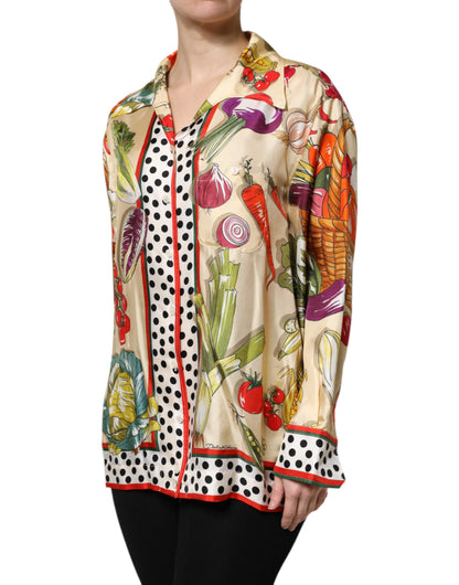 Dolce & Gabbana Silk Multicolour Vegetables Print Long Sleeves Top