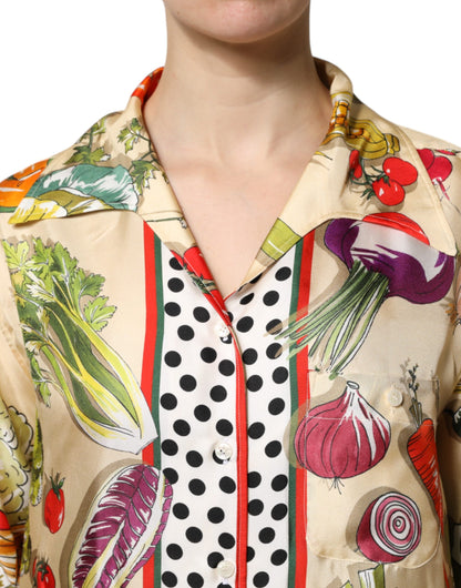Dolce & Gabbana Silk Multicolour Vegetables Print Long Sleeves Top