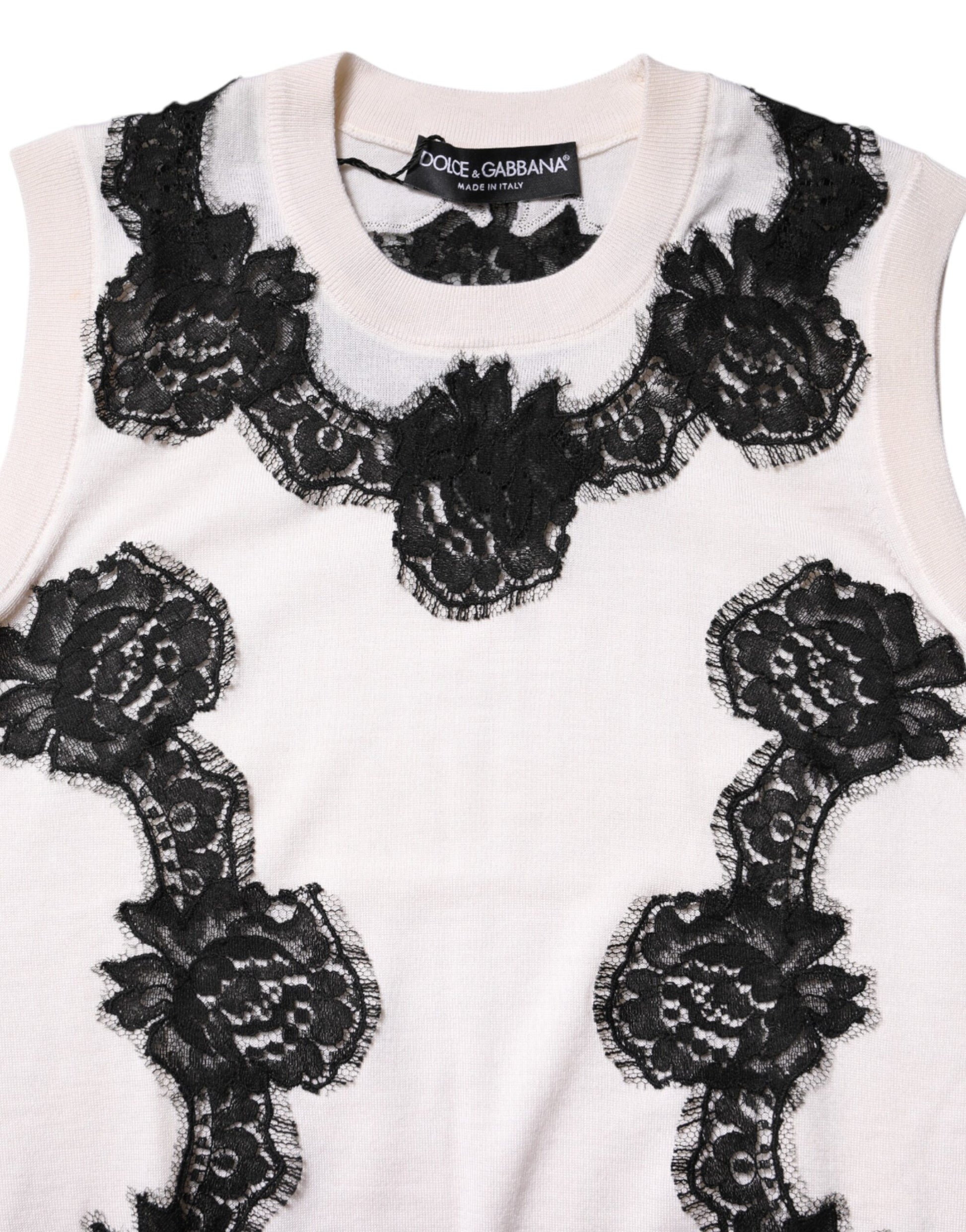 Dolce & Gabbana White Cashmere Floral Lace Detail Tank Top