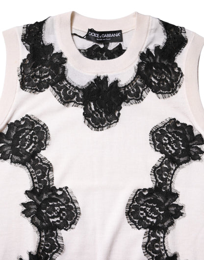 Dolce & Gabbana White Cashmere Floral Lace Detail Tank Top