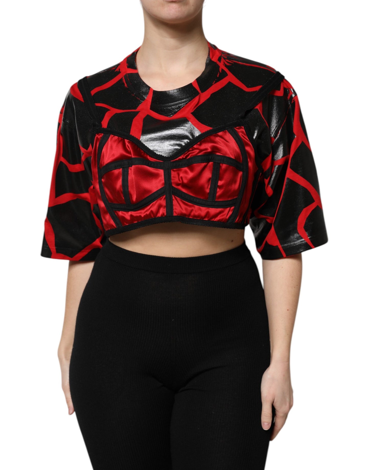 Dolce & Gabbana Red & Black Cotton Bustier Detail Cropped Top