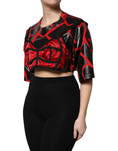 Dolce & Gabbana Red & Black Cotton Bustier Detail Cropped Top