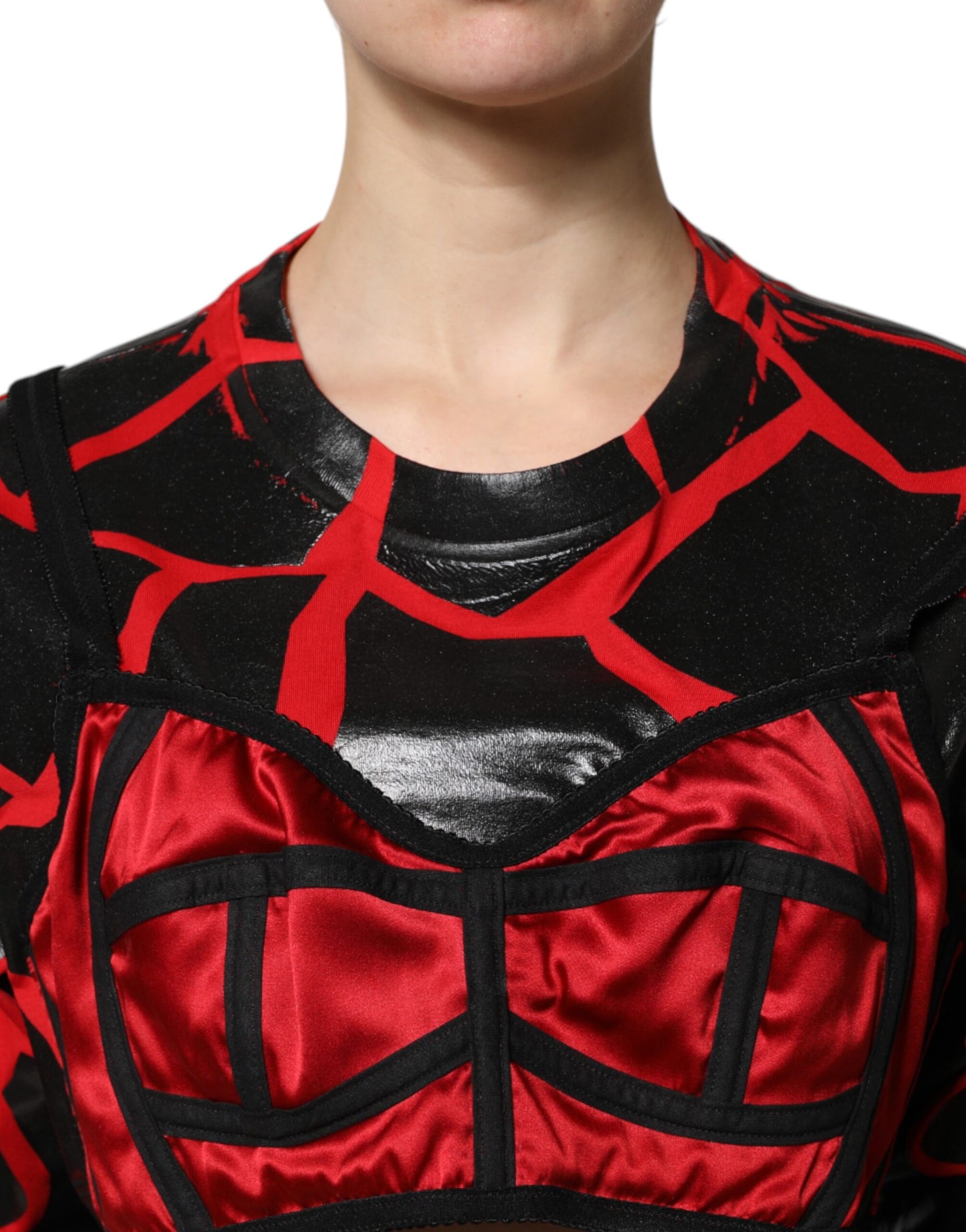 Dolce & Gabbana Red & Black Cotton Bustier Detail Cropped Top