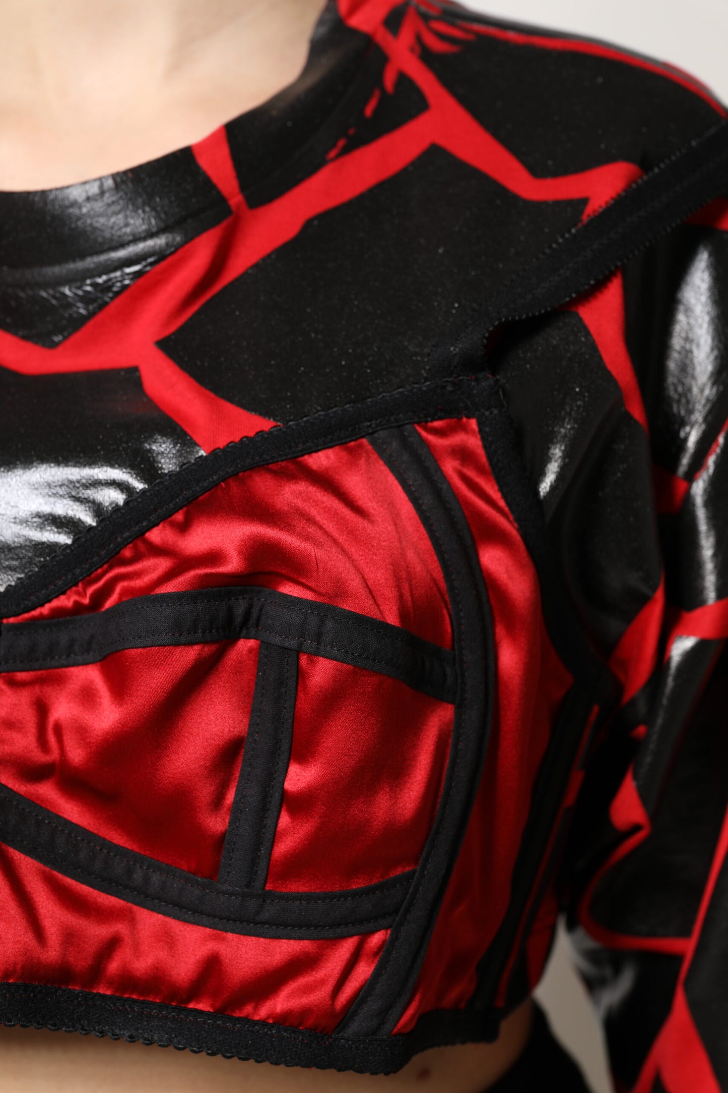 Dolce & Gabbana Red & Black Cotton Bustier Detail Cropped Top