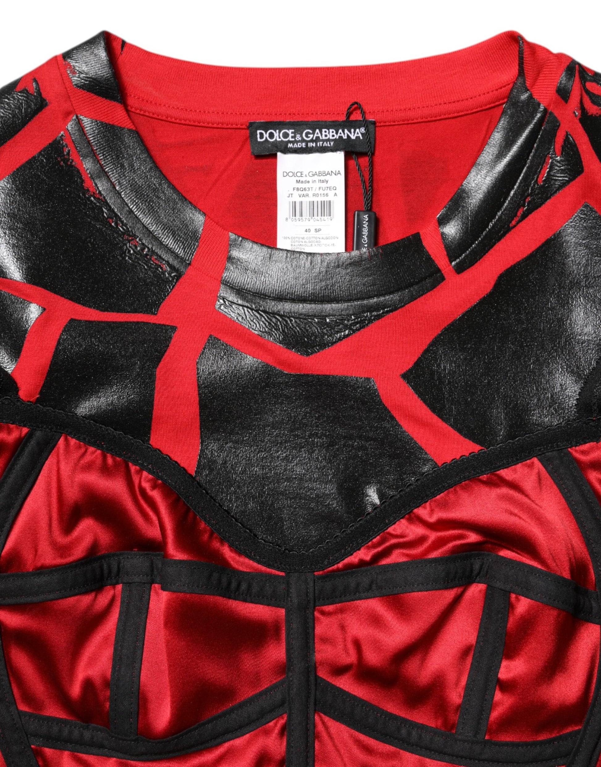 Dolce & Gabbana Red & Black Cotton Bustier Detail Cropped Top
