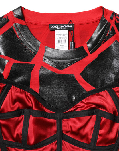 Dolce & Gabbana Red & Black Cotton Bustier Detail Cropped Top
