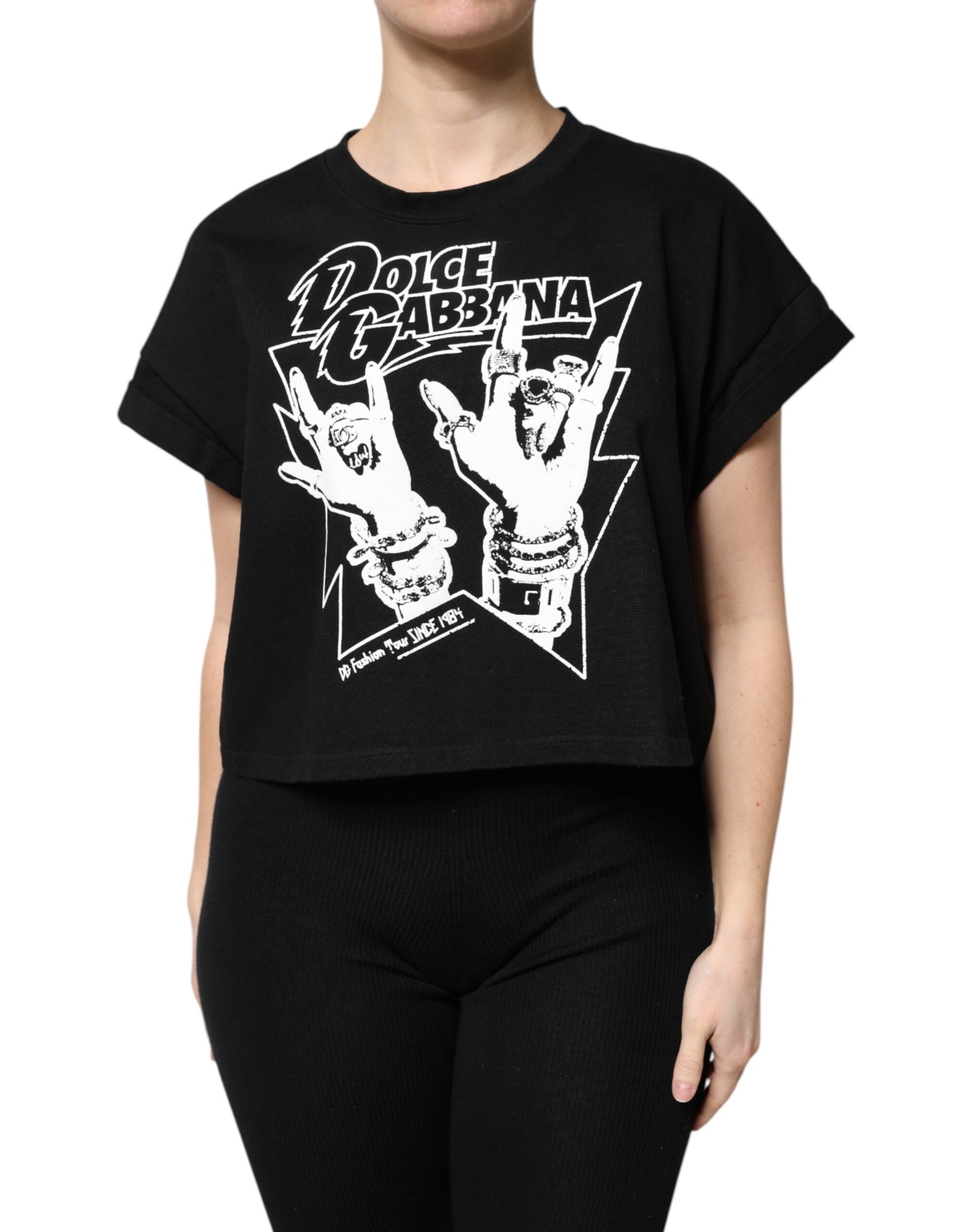 Dolce & Gabbana Black Cotton Rock Print Cropped T-Shirt