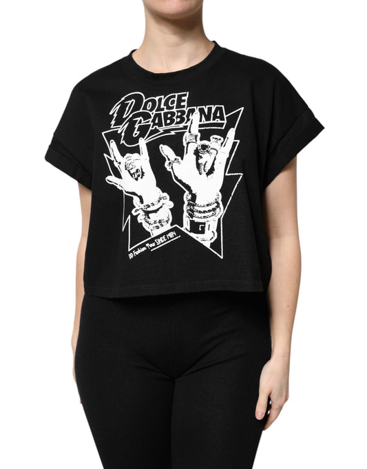 Dolce & Gabbana Black Cotton Rock Print Cropped T-Shirt