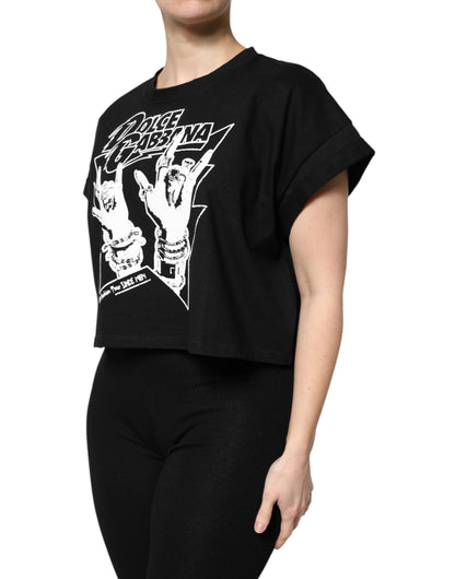 Dolce & Gabbana Black Cotton Rock Print Cropped T-Shirt