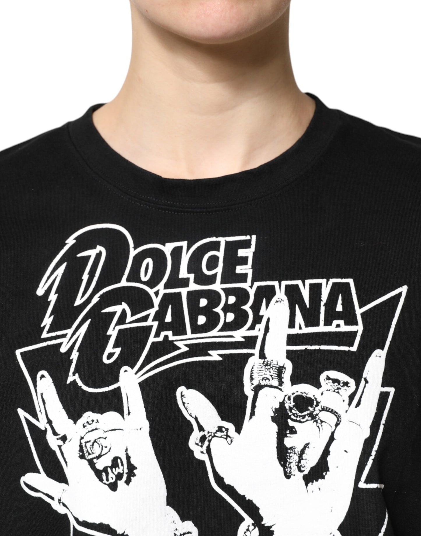 Dolce & Gabbana Black Cotton Rock Print Cropped T-Shirt