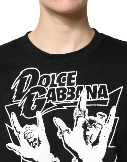 Dolce & Gabbana Black Cotton Rock Print Cropped T-Shirt