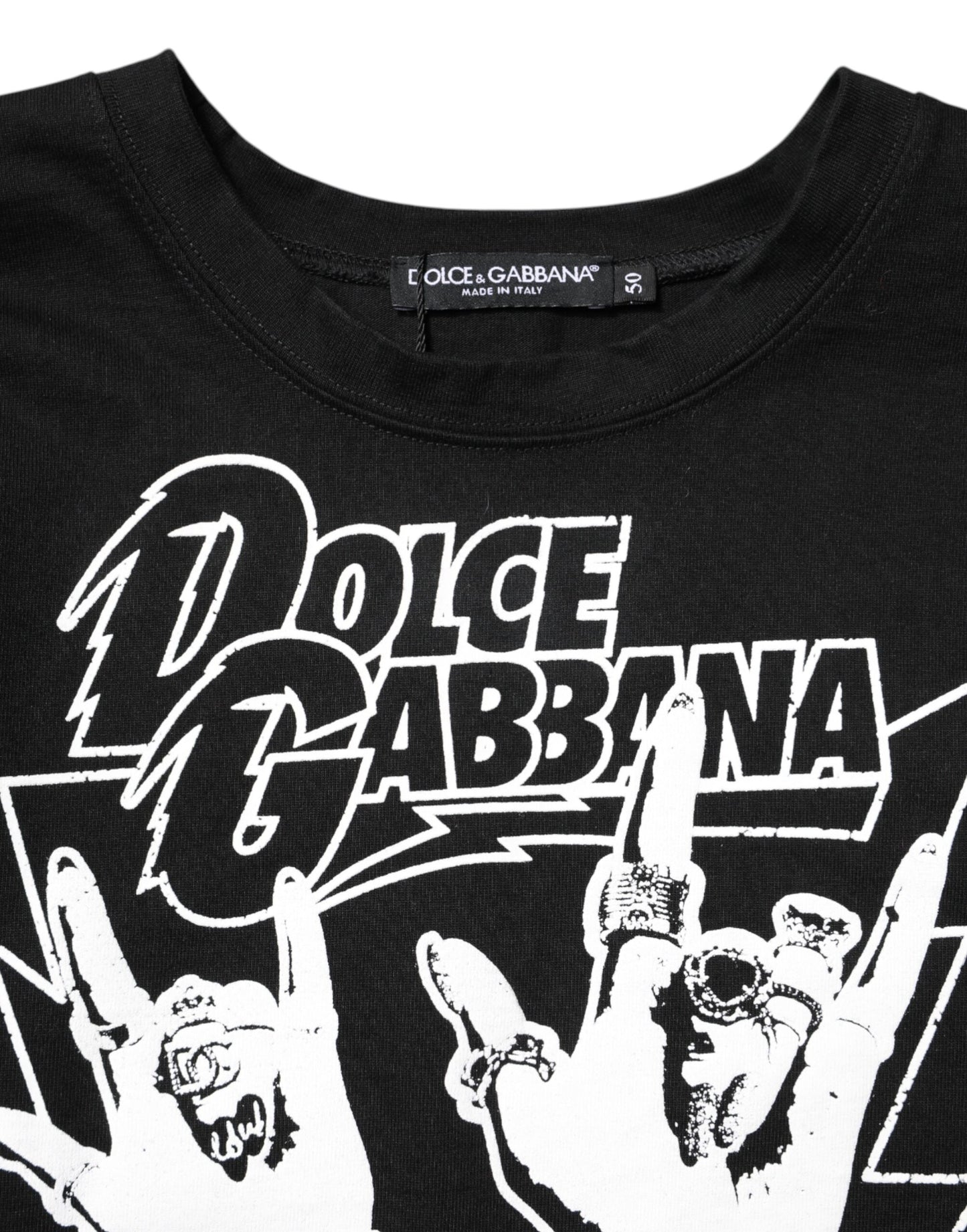 Dolce & Gabbana Black Cotton Rock Print Cropped T-Shirt