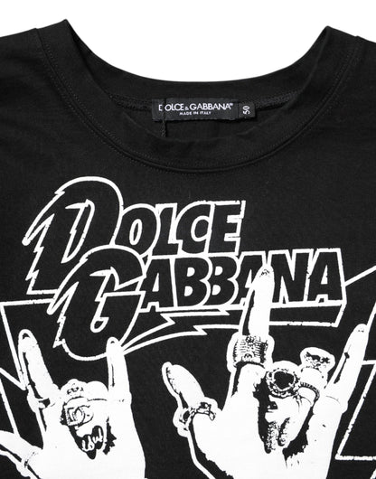 Dolce & Gabbana Black Cotton Rock Print Cropped T-Shirt