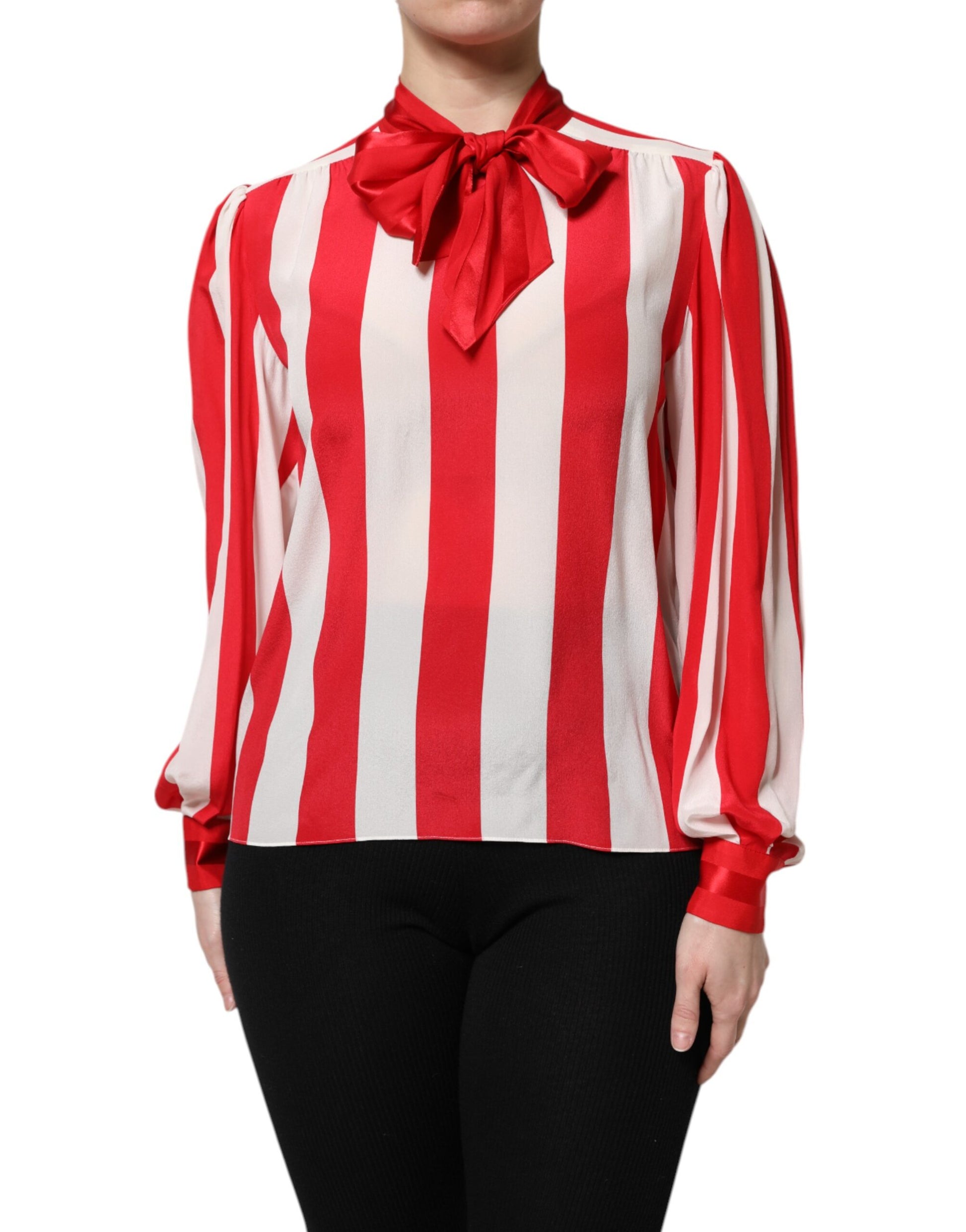 Dolce & Gabbana Red & White Striped Ascot Collar Blouse Top
