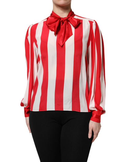 Dolce & Gabbana Red & White Striped Ascot Collar Blouse Top