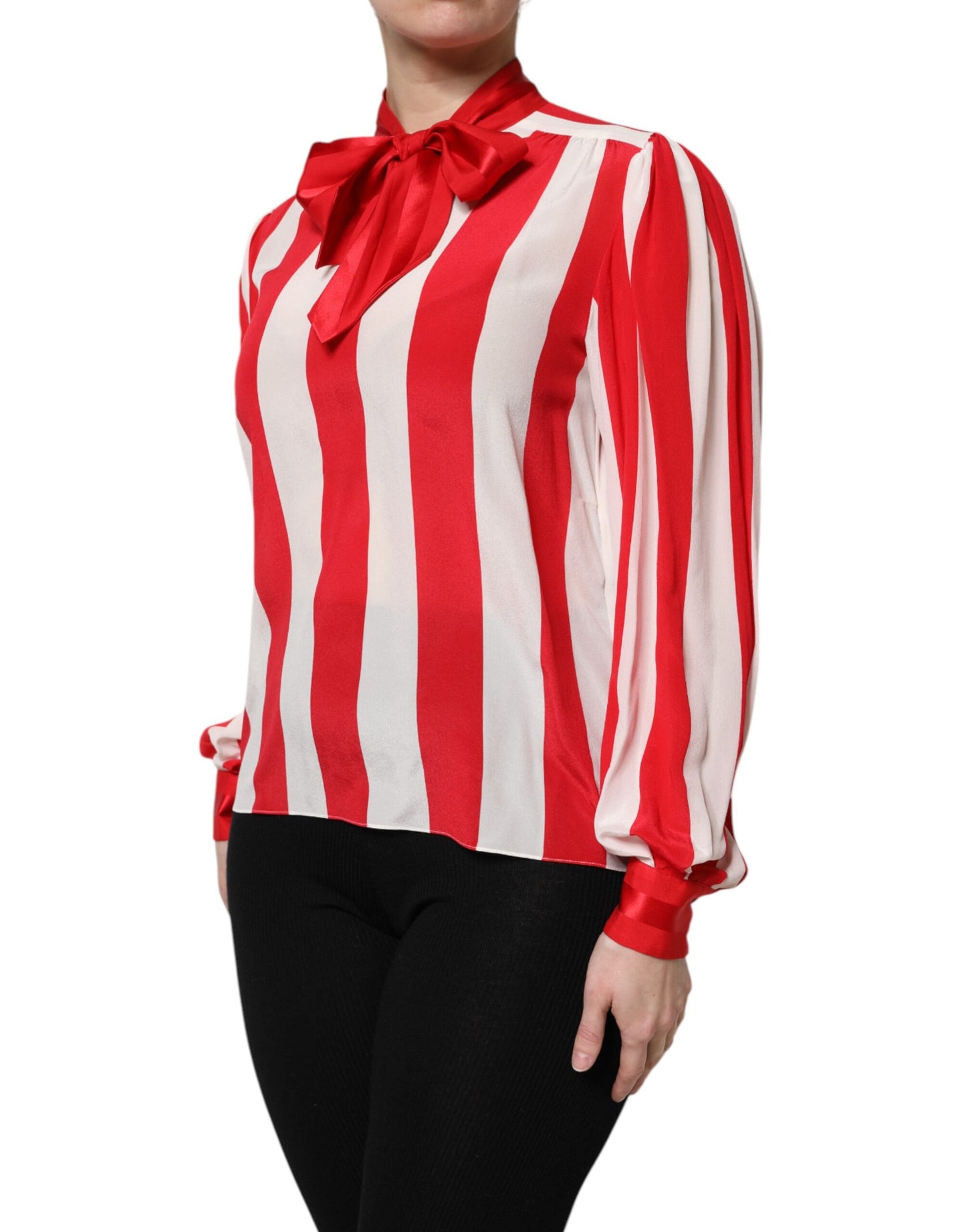 Dolce & Gabbana Red & White Striped Ascot Collar Blouse Top