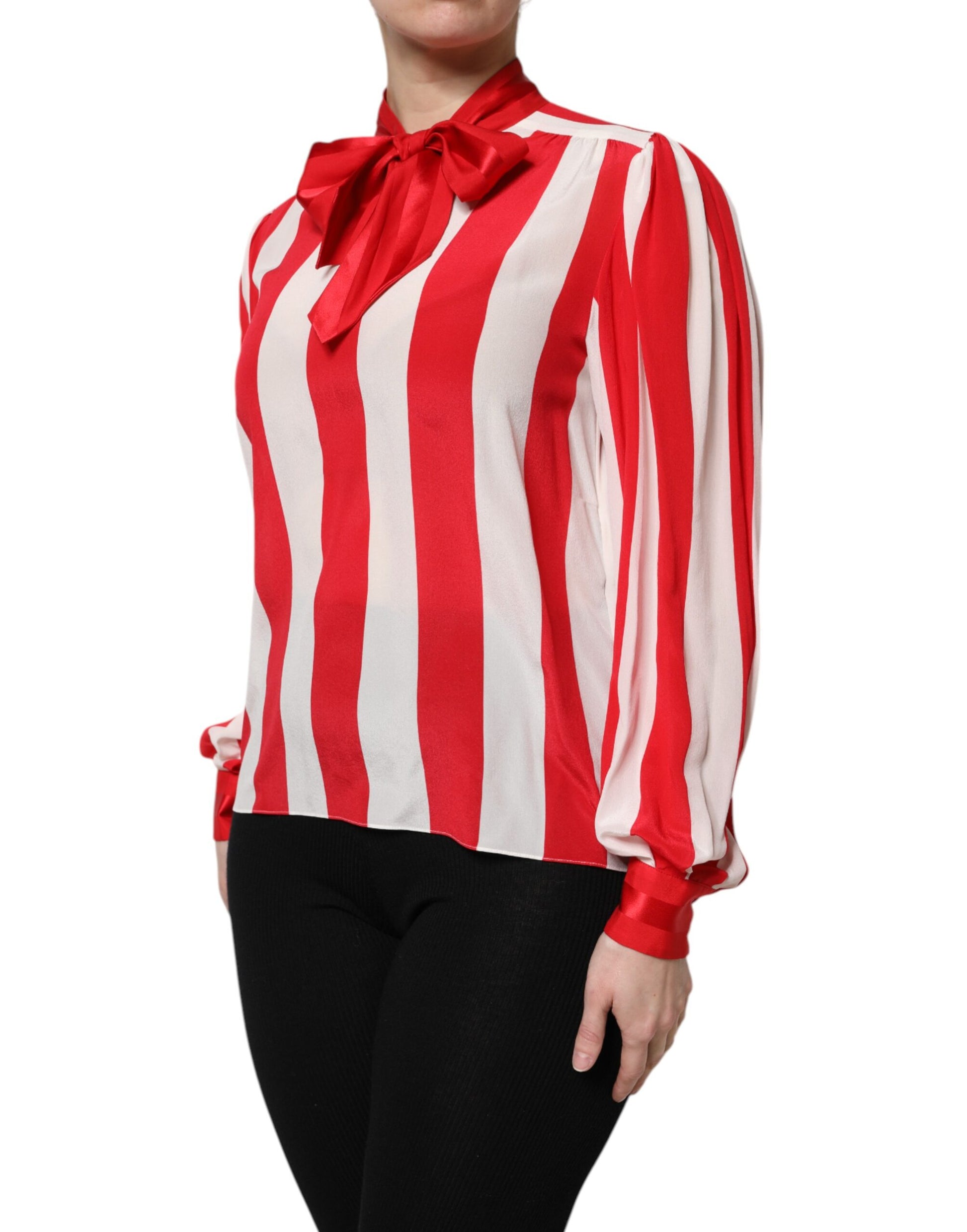 Dolce & Gabbana Red & White Striped Ascot Collar Blouse Top