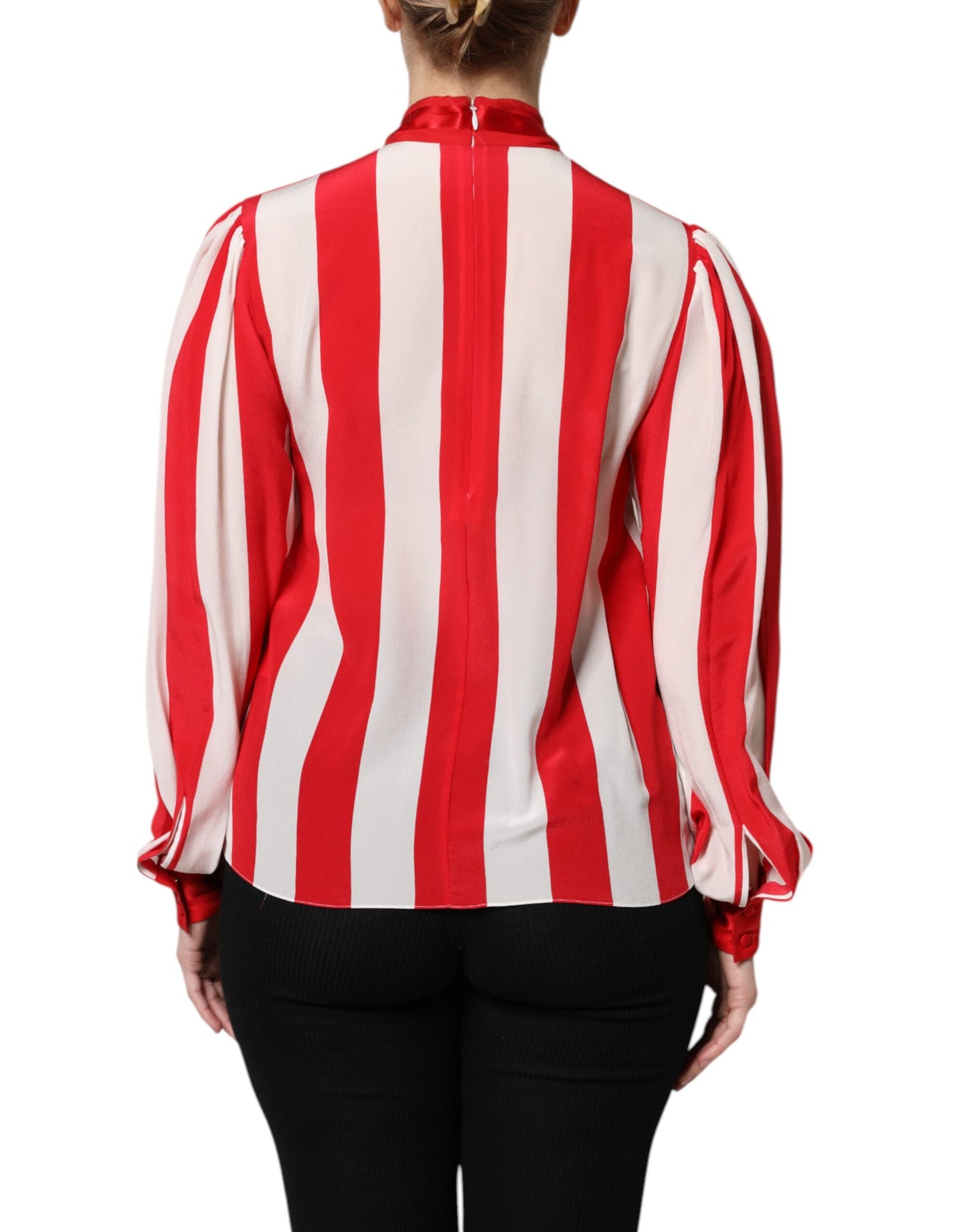 Dolce & Gabbana Red & White Striped Ascot Collar Blouse Top