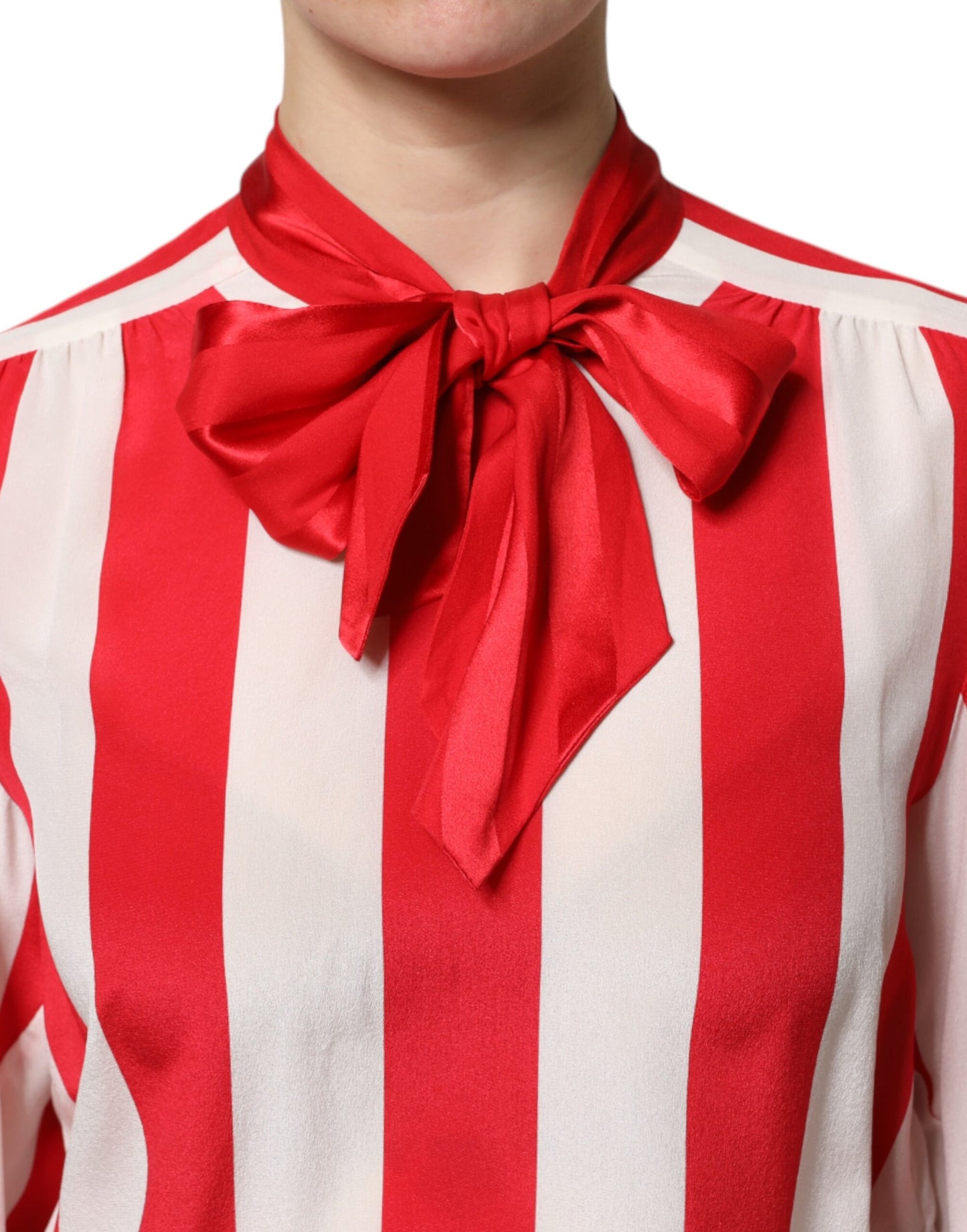 Dolce & Gabbana Red & White Striped Ascot Collar Blouse Top