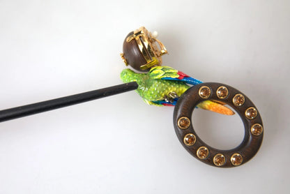 Dolce & Gabbana Parrot Wood & Brass Crystal Embellished Earrings