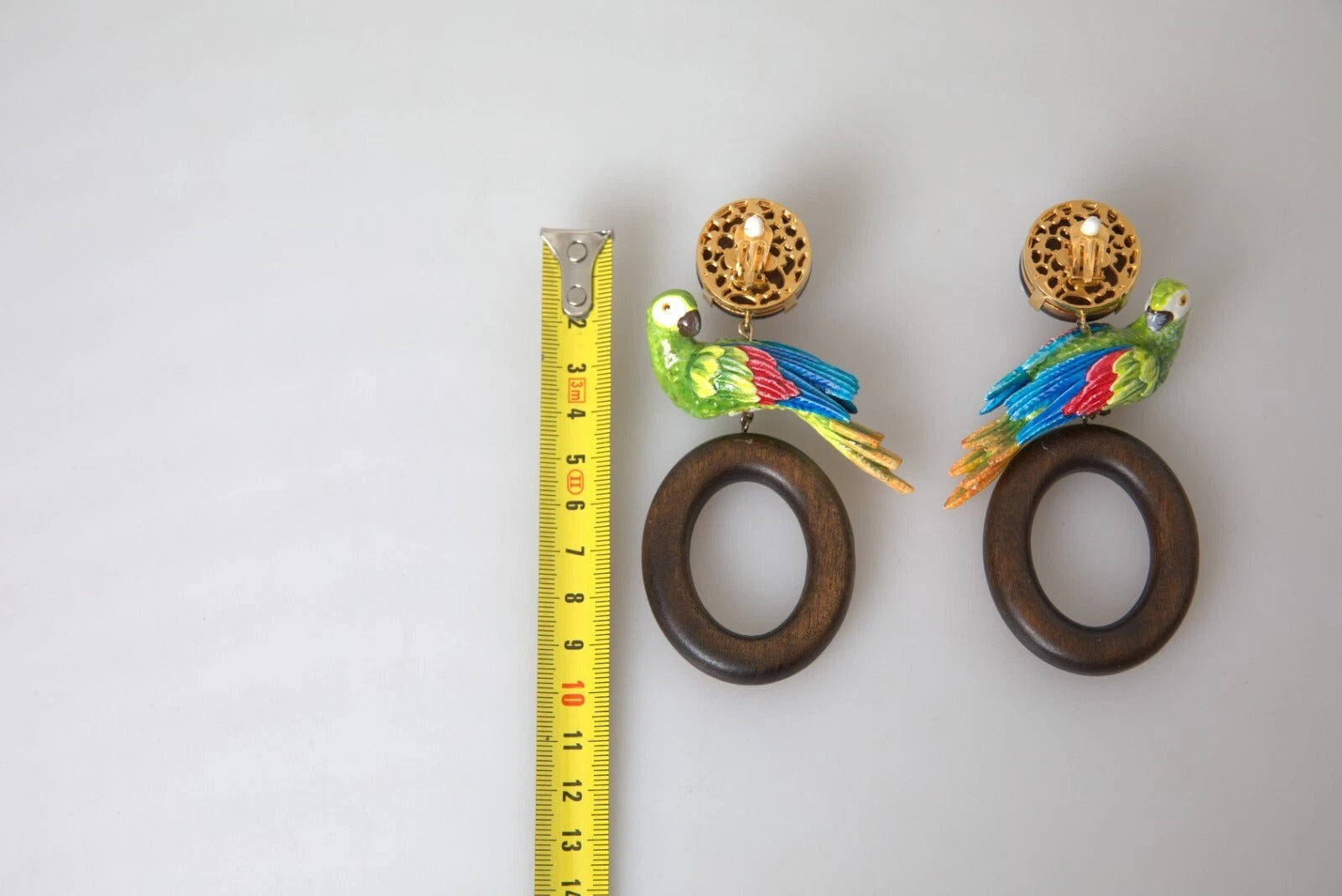 Dolce & Gabbana Parrot Wood & Brass Crystal Embellished Earrings