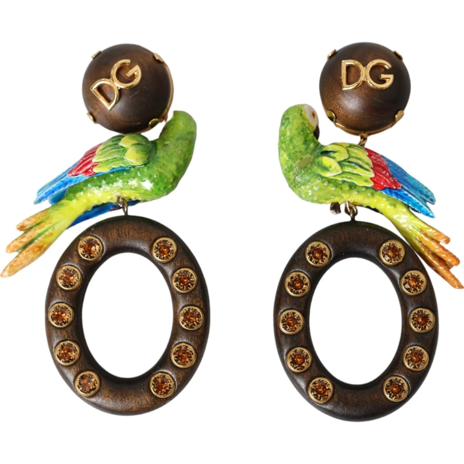 Dolce & Gabbana Parrot Wood & Brass Crystal Embellished Earrings