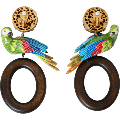 Dolce & Gabbana Parrot Wood & Brass Crystal Embellished Earrings