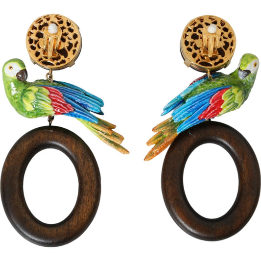 Dolce & Gabbana Parrot Wood & Brass Crystal Embellished Earrings