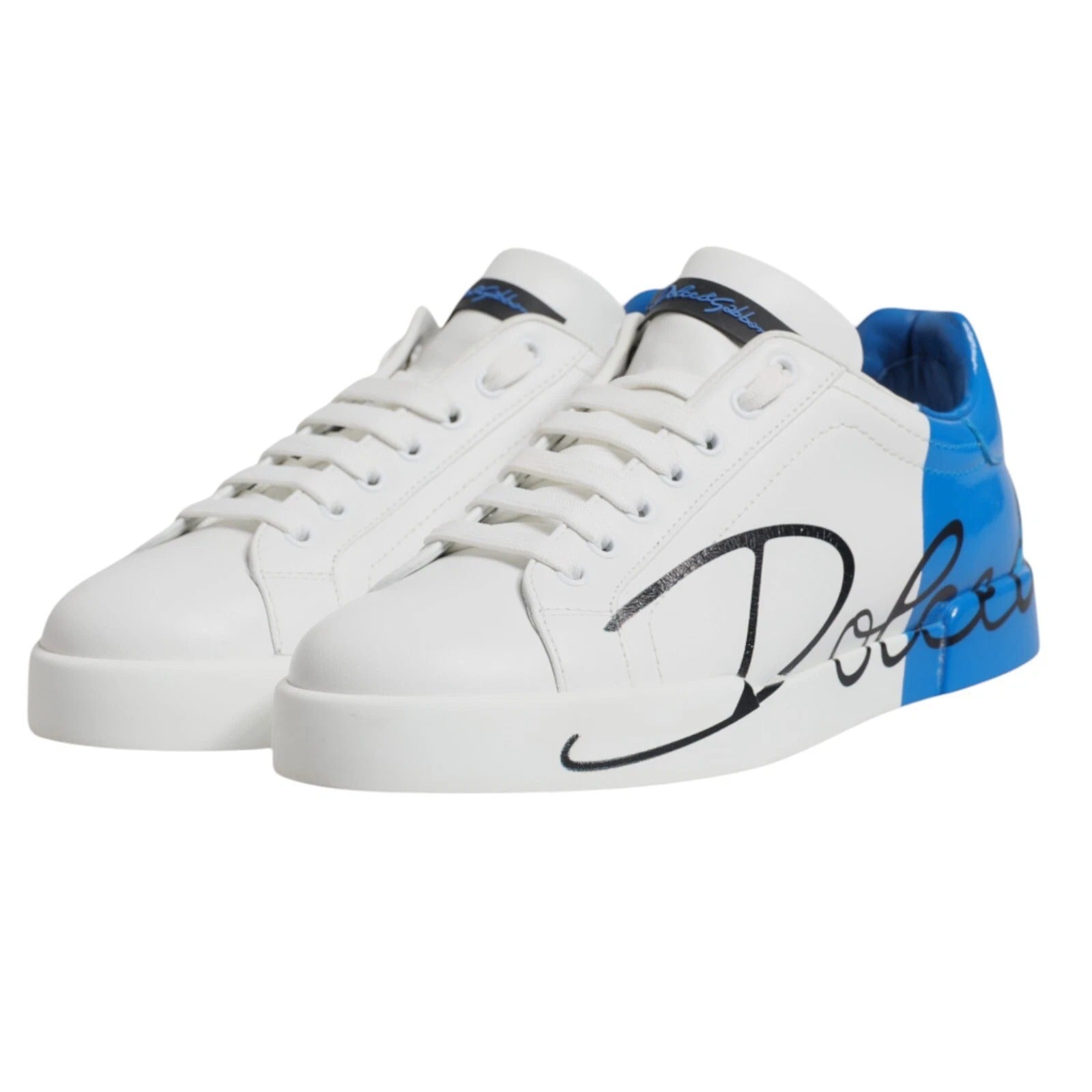 Dolce & Gabbana White Blue Leather Logo Low Top Sneakers