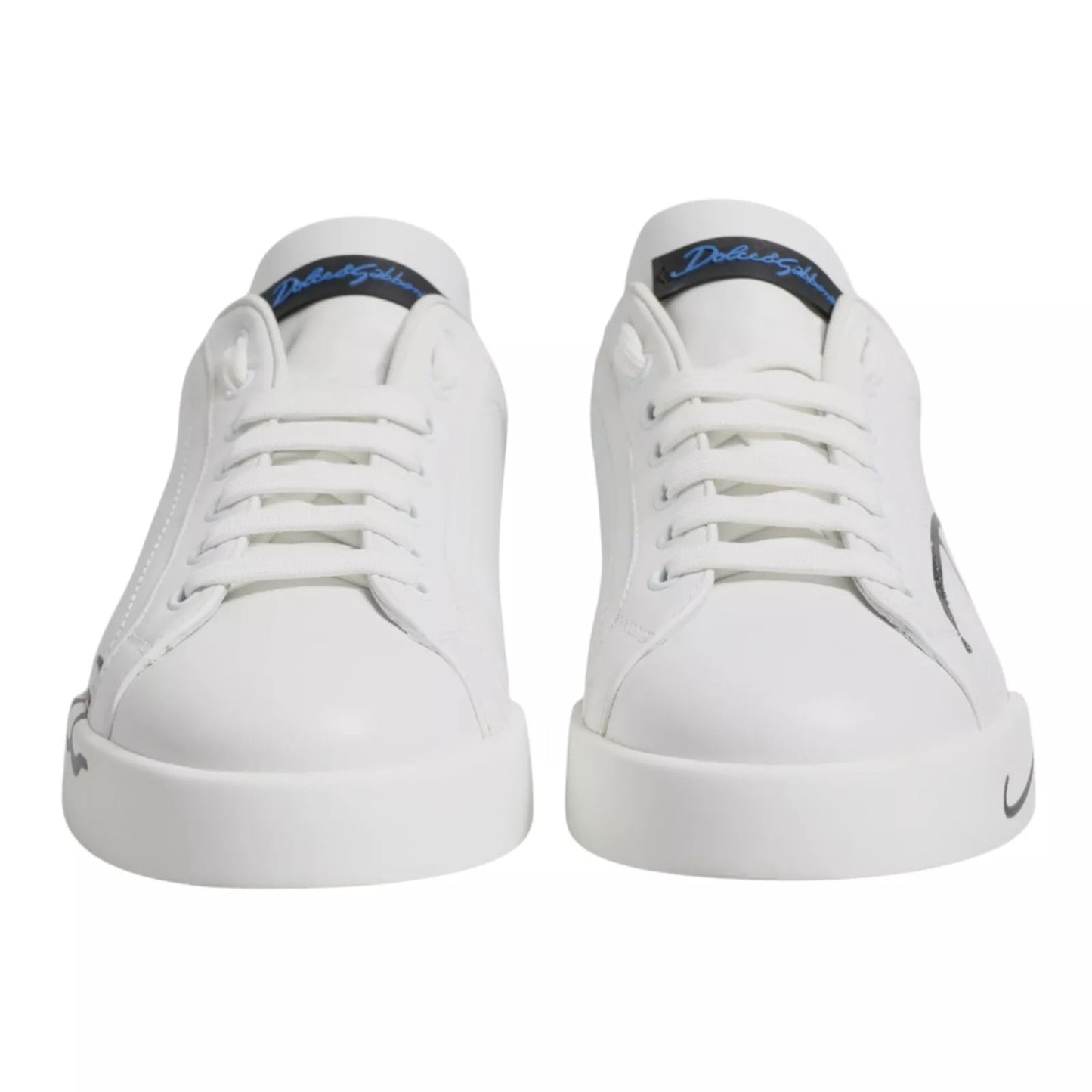 Dolce & Gabbana White Blue Leather Logo Low Top Sneakers