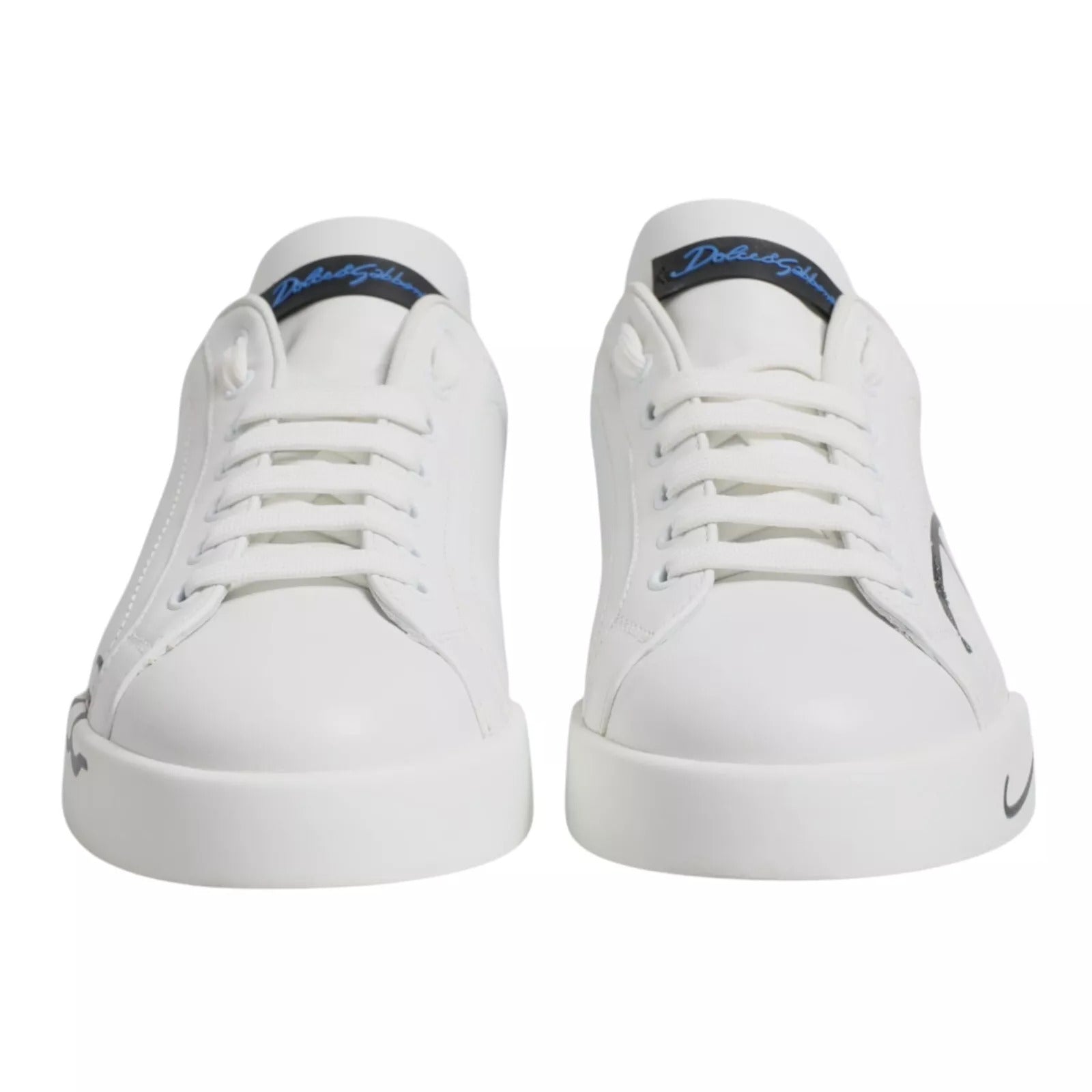 Dolce & Gabbana White Blue Leather Logo Low Top Sneakers