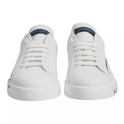 Dolce & Gabbana White Blue Leather Logo Low Top Sneakers