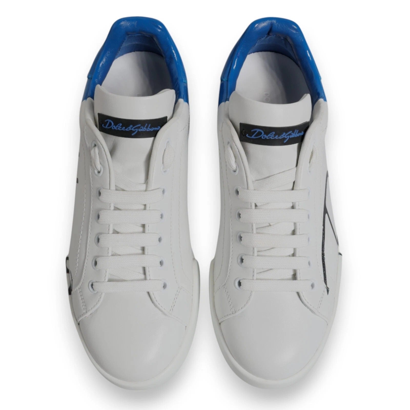 Dolce & Gabbana White Blue Leather Logo Low Top Sneakers