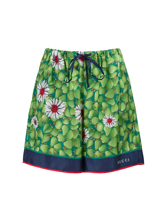 Gucci Women's Green Flower Printed Silk Shorts